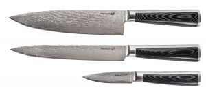 Sada 3 nožů Damascus Premium + bambusový blok + brusný kámen
