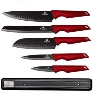 Berlingerhaus - Sada nožů s magnetickým držákem 6 ks | Burgundy Metallic Line, Rose Edition, Aquamarine Metallic Line, Black Rose Collection